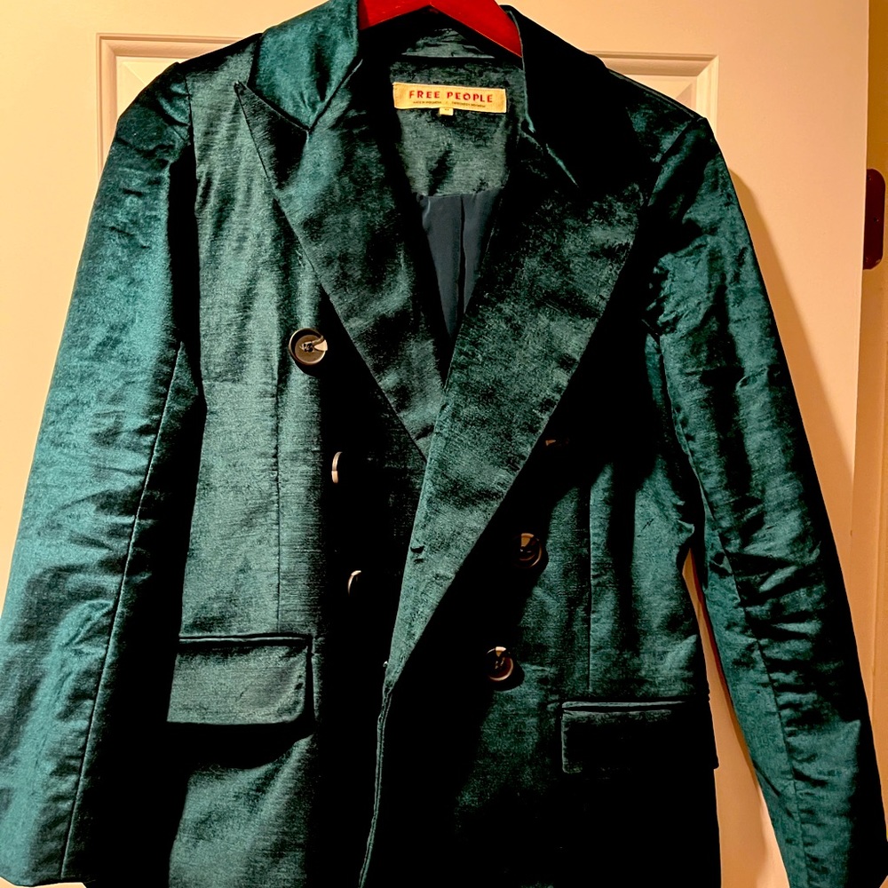 Free People Blazer holiday green velour-like texture oversized worn 1x like new